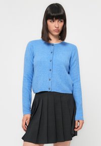 Lichtblauwe cardi gemaakt van zacht materiaal, met een ronde halslijn, lange mouwen en zes knoopsluitingen aan de voorkant.