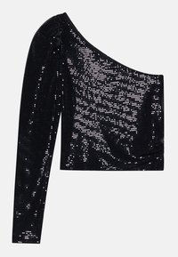 Czarny top z jednym odkrytym ramieniem wykonany z cekinowej tkaniny, o dopasowanym kroju z długim rękawem i gładką teksturą, odbijający światło.