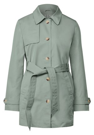 Helles grünes Trenchcoat mit Kragen, vorderer Knopfleiste und Bindegürtel in der Taille. Verfügt über Seitentaschen und einen glatten, strukturierten Stoff.