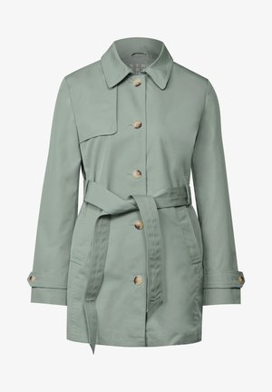 Jasnozielony trencz z kołnierzem, przednimi guzikami i wiązaniem w talii. Posiada boczne kieszenie oraz gładki, teksturowany materiał.