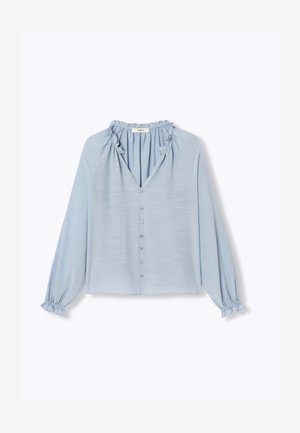 Blouse bleu clair à manches longues avec encolure et poignets froncés, boutonnée sur le devant, coupe décontractée.