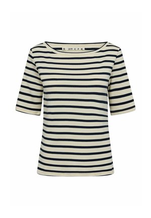 Striped t-shirt in cream and navy, featuring short sleeves and a wide neckline. Soft, stretchy fabric with horizontal stripes.