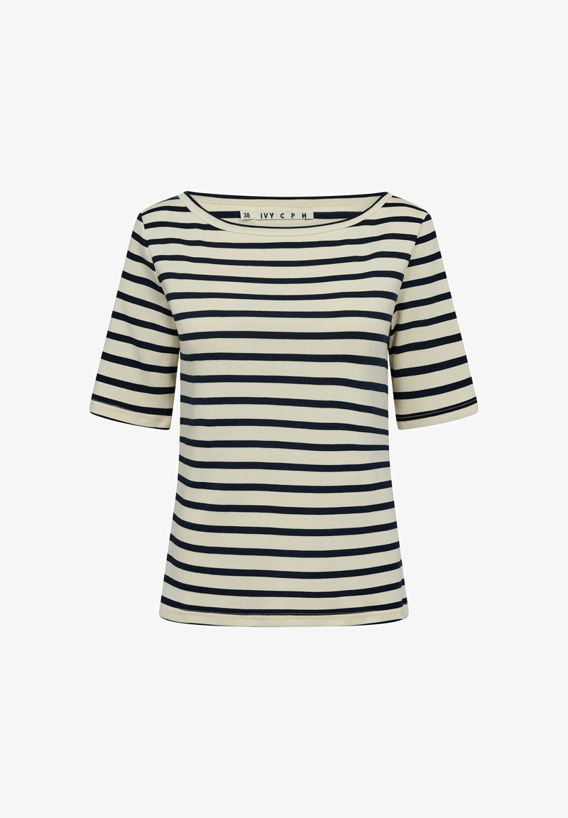 Tricou cu dungi în crem și albastru închis, cu mâneci scurte și decolteu larg. Material moale, elastic, cu dungi orizontale.