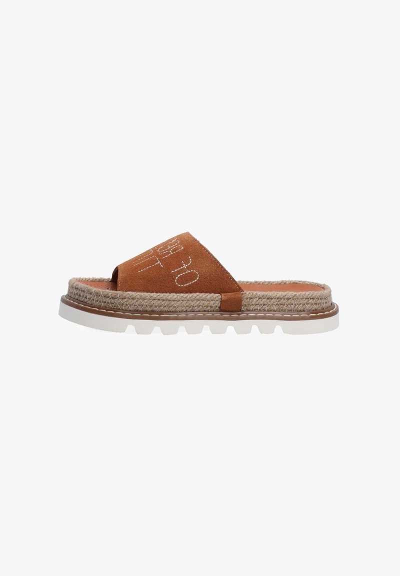 Brown suede slide sandal with a woven jute midsole, white rubber outsole, and stitched detailing on the upper. Open-toe design.