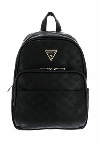 Sac à dos noir en matériau texturé. Comprend une poche zippée à l'avant, un patch logo triangulaire et une poignée supérieure. Surface lisse avec des motifs en relief.