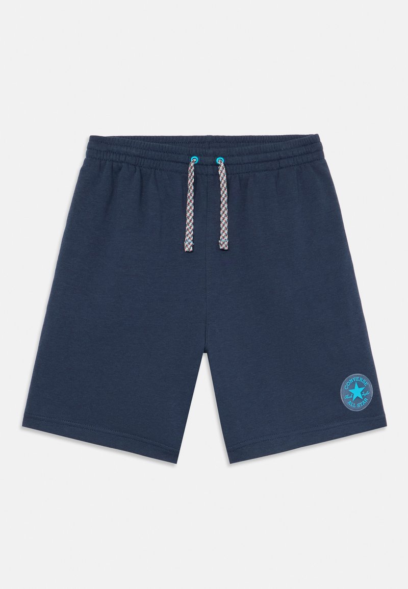 Mørkeblå bomullsshorts med elastisk liv, med flerfargede snorer og et lys blått logo-patch på venstre ben.