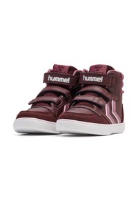 Burgundy högskoor i mocka och syntetläder, med dubbla kardborreband, rosa detaljer och vita gummisulor.