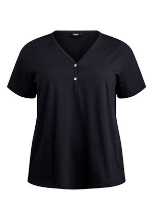 Sort kortærmet V-hals skjorte med to knapper foran og en løs pasform.