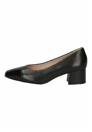 Black leather pump with a glossy black cap toe, low square heel, and smooth texture. Simple design with a rounded front opening.