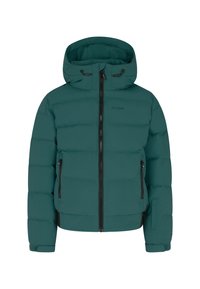 Teal gewatteerde winterjas met capuchon, voorrits, twee ritszakken aan de zijkant en verstelbare manchetten.