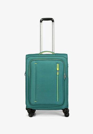 Valigia verde acqua con superficie testurizzata, manico superiore, trolley retrattile e quattro ruote nere. Presenta una tasca frontale con zip gialla.