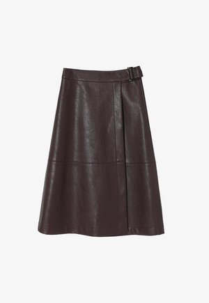 Brown faux leather skirt with a flared A-line shape, featuring a side buckle detail and a smooth, glossy texture.