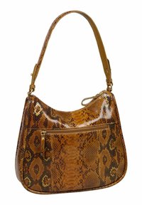 Sac à main en cuir de serpent marron avec une finition brillante, présentant une forme courbée, une bandoulière détachable et une poche zippée à l'avant.
