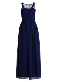 Navy blue sleeveless evening gown with sheer embroidered neckline, ruched bodice, and flowing floor-length skirt.