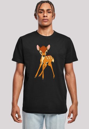Schwarzes T-Shirt mit einem Cartoon-Reh-Design in Orange und Beige, großen Augen und weißen Punkten, aus weichem Stoff.