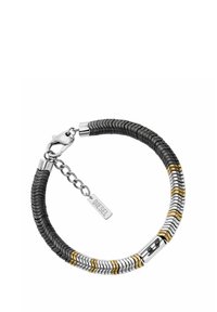 Bracciale in gomma nera con dettagli metallici in argento e oro. Presenta anelli intrecciati e una chiusura con estensione a catena. Etichetta "DIESEL" attaccata.