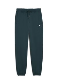 Mørk teal joggerbukser med elastisk talje, justerbart snøre, sidelommer og en hvid logoaccent på venstre ben.