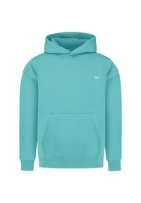 Turkis hoodie med en frontlomme, ribbede manchetter og en hætte med snoretræk. Har et lille logo på brystet. Blødt materiale.