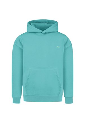 Turquoise hoodie with a front pouch pocket, ribbed cuffs, and a drawstring hood. Features a small logo on the chest. Soft material.