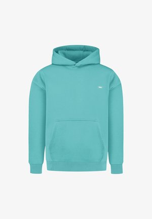 Sudadera turquesa con un bolsillo frontal tipo canguro, puños acanalados y capucha con cordón. Presenta un pequeño logo en el pecho. Material suave.