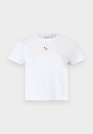 White short-sleeve T-shirt with small orange fox logo embroidered at center chest, round neckline, and straight hem.