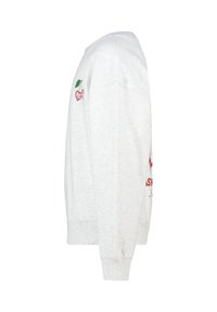 Light gray long-sleeve sweatshirt with NYC heart-shaped cherry graphic on the upper arm, visible side view with ribbed cuffs and hem.