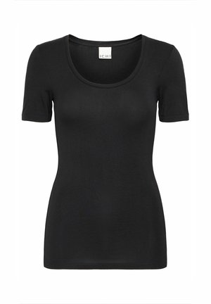 Črna oprijeta majica s kratkimi rokavi in okroglim izrezom ter majhno belo etiketo znotraj ovratnika z napisom "ICHI".