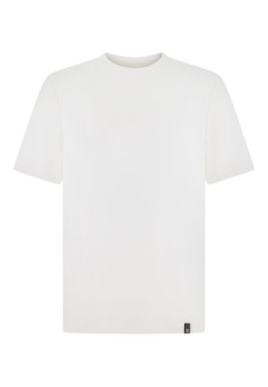 Schlichtes weißes T-Shirt mit kurzem Ärmel und Rundhalsausschnitt, unten am Saum mit kleinem schwarzem Etikett.