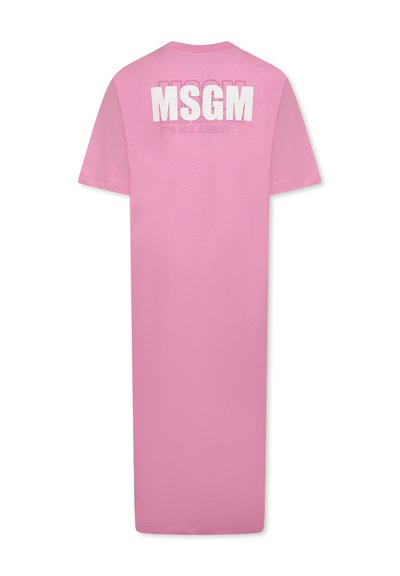Abito in cotone rosa a forma di T-shirt con scollatura rotonda. La parte posteriore presenta il grande logo bianco "MSGM" e il testo "NON GUARDARE MAI INDIETRO, È TUTTO DAVANTI" in carattere più piccolo.