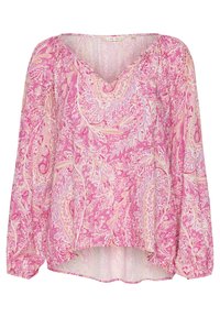 Blusa rosa con motivo paisley, realizzata in tessuto leggero. Presenta una scollatura a V e maniche lunghe arricciate per una vestibilità rilassata.