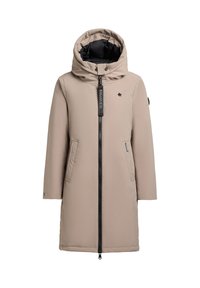 Bežový vodoodpudivý kabát s kapucňou, vybavený plným zipsom, dvoma bočnými vreckami a logom. Mäkká textúra a stredná dĺžka.