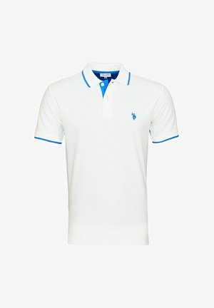 Witte poloshirt met blauwe kraag en accentstrepen op de mouwen. Heeft een effen kleur en een klein logo op de linkerborst.