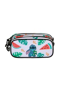 Zippered etui in witte stof met een cartoonfiguur die een kikker vasthoudt, met watermeloen- en tropische bladzijdenpatronen in groen en rood.