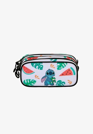 Zippered etui in witte stof met een cartoonfiguur die een kikker vasthoudt, met watermeloen- en tropische bladzijdenpatronen in groen en rood.