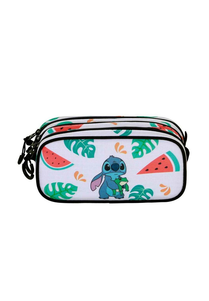 Zippered etui in witte stof met een cartoonfiguur die een kikker vasthoudt, met watermeloen- en tropische bladzijdenpatronen in groen en rood.