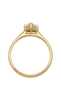 Goldring mit einem glatten, polierten Band und einem zentralen klaren Edelstein. Der Edelstein ist in Krappenfassung und zeigt ein quadratisches Schliffdesign.