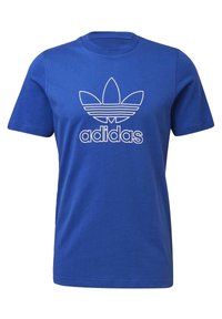 Blue cotton t-shirt with a round neck, short sleeves, and white Adidas trefoil logo printed across the chest in the center.