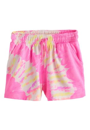 Pink tie-dye shorts med elastisk talje, snøre og sidelommer, med gule og hvide farveaccenter.