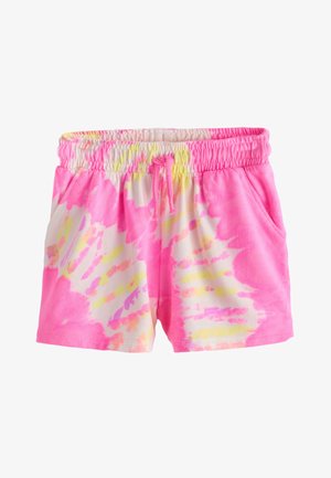 Pink tie-dye shorts med elastisk talje, snøre og sidelommer, med gule og hvide farveaccenter.