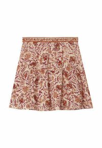 Jupe à motif floral avec un design froncé ; fond crème avec des fleurs rouges et brunes ; ceinture élastique pour le confort.