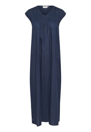 Marineblauwe linnen jurk met kapmouwen, een V-hals en gathered details op de bustek. Vloeiende, enkellange stijl met een relaxte pasvorm.
