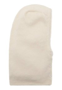 White, fluffy wool hat with a fitted design, soft texture, and a side panel featuring four white buttons.
