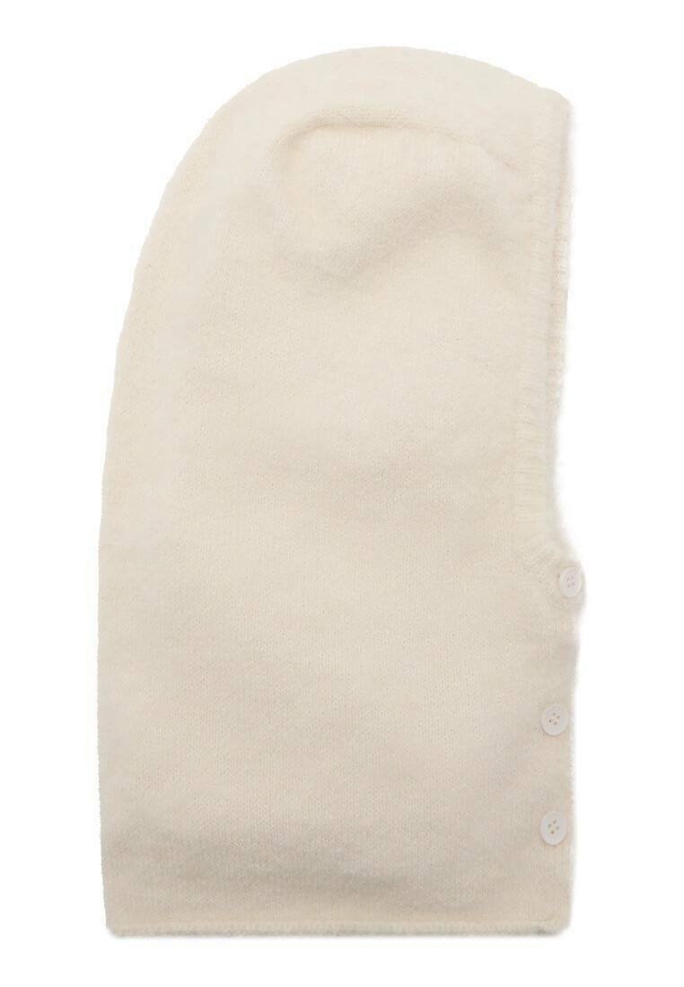 White, fluffy wool hat with a fitted design, soft texture, and a side panel featuring four white buttons.