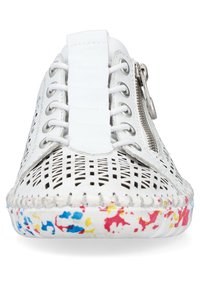 White perforated leather sneaker with flat laces, zipper detail, and a multicolored speckled sole in red, blue, and yellow accents.