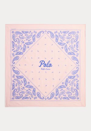 Foulard carré rose clair avec motifs cachemire bleus et texte "Polo Ralph Lauren" centré.