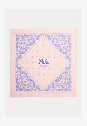 Lichtroos vierkante sjaal met blauwe paisley-patronen en de tekst "Polo Ralph Lauren" gecentreerd.