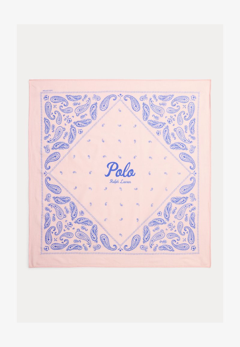 Svjetloružičasti kvadratni šal s plavim paisley uzorcima i tekstom "Polo Ralph Lauren" u sredini.
