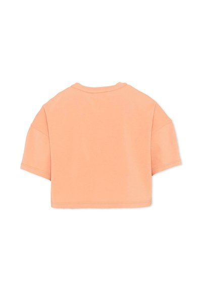 Sweat-shirt court à manches courtes de couleur pêche avec un col rond, présenté de dos sur un fond blanc.