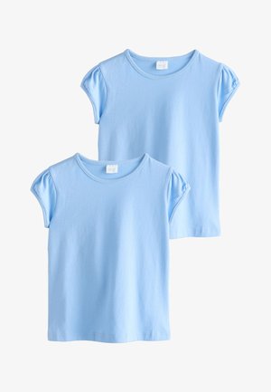 Lyseblå bomuld T-shirts med korte pufærmer og rund halsudskæring, vist som et sæt med to. Glat tekstur, enkelt design.