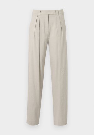 Plisserte bukser i et lett beige linestoff, med en rett ben design og en glatt tekstur. Ingen synlige lommer eller lukking.